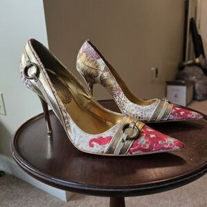 Y2k Gold And Red Cheetach Pointed Toe Heels